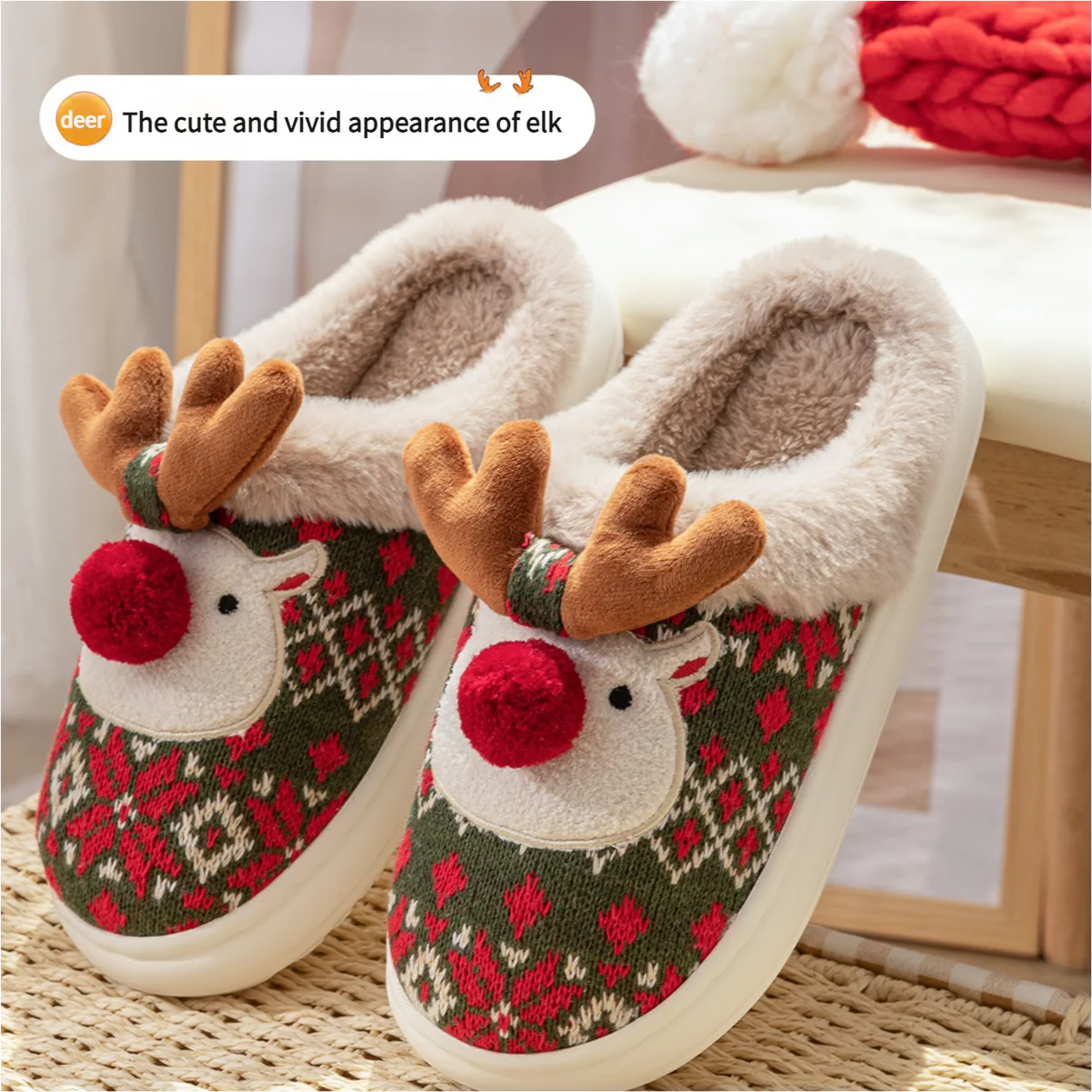 Zapatillas peludas y esponjosas para mujer, pantuflas navideñas de invierno con ciervos, zapatillas de casa a la moda para invierno, lindas Zapatillas de casa para invierno, diapositivas para mujer