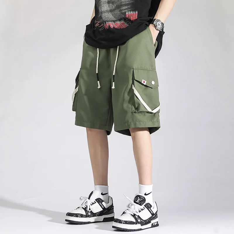 New 2024 Summer Men's Loose Cargo Shorts Casual Drawstring Knee-Length Pants Streetwear Solid Color Short Trouser Outdoor Jogger