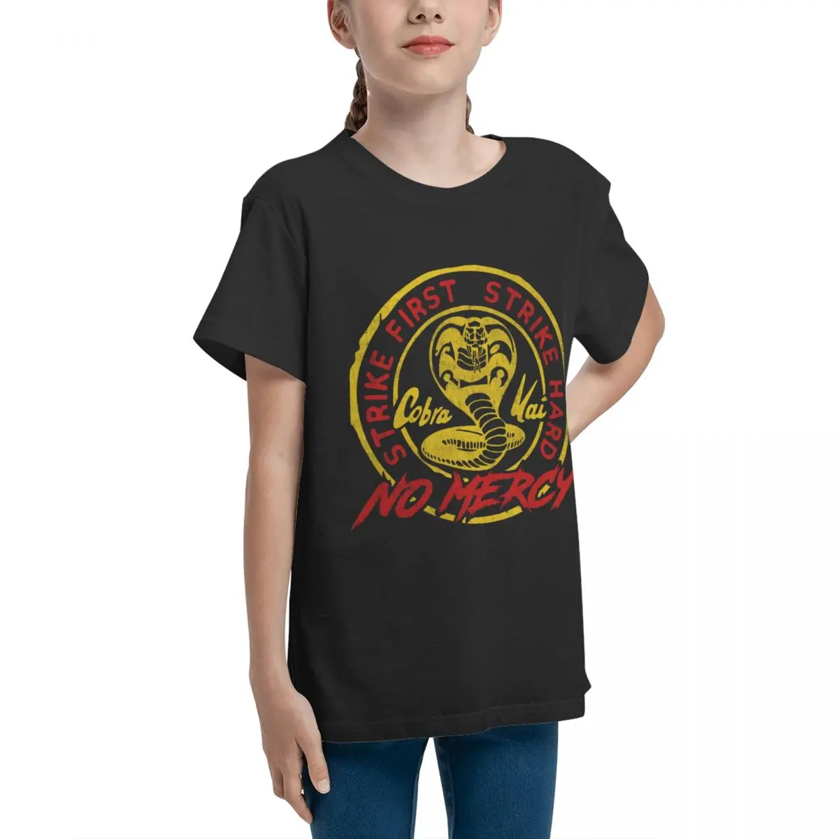 Teeanger Basic Short Sleeve T-Shirt Cobra Kai Strike First Strike Hard No Mercy FreshVintage T-shirts Vintage Novelty Teenagers