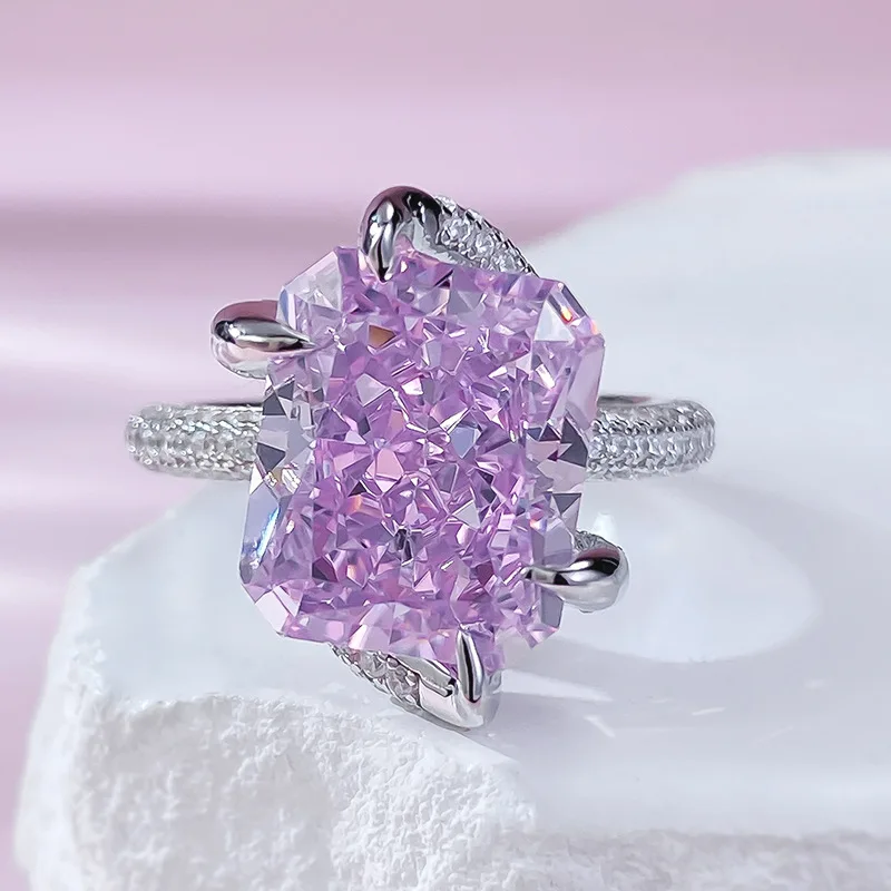 

S925 Silver Ring 10 * 12 Pink Zircon Set with Personalized Temperament Fashionable and Versatile Ring Boutique Jewelry for Women