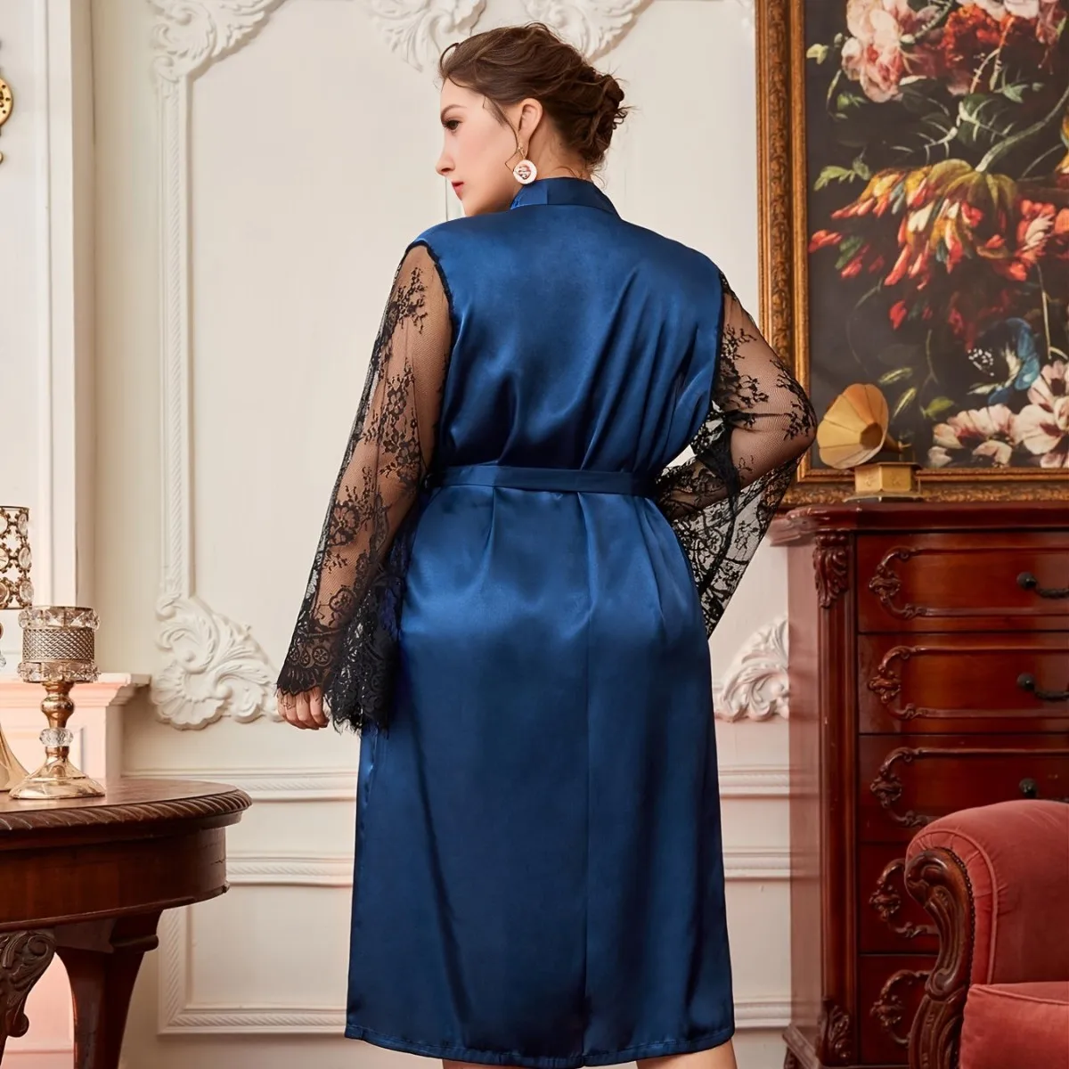 네이비 블루 가운 여성 플러스 사이즈 3Xl 4Xl 5Xl 잠옷 섹시한 메쉬 슬리브 기모노 Nightdress 느슨한 잠옷 여성 Loungewear