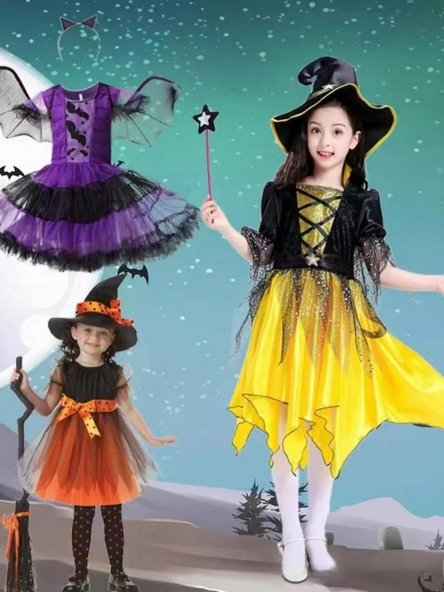 New 2025 Children's Cosplay loween Costume Anime Witch Role-plang Clothing PU Material Spring Season Ladies Faion