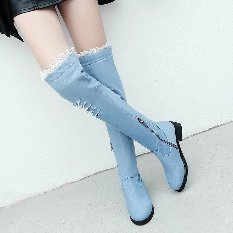 2023 Winter Denim Hole Hollow Knight Over Knee Boots Womens Med Block Heel Blue Black Ladies Riding Overknee Boots Plus Size