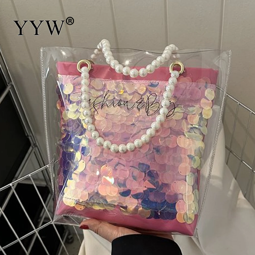 Fashion Pearl Handle PVC Clear Transparent Tote Bag Women Glitter Jelly Bag Ladies Luxury Shoulder Bags Female Messenger Bag