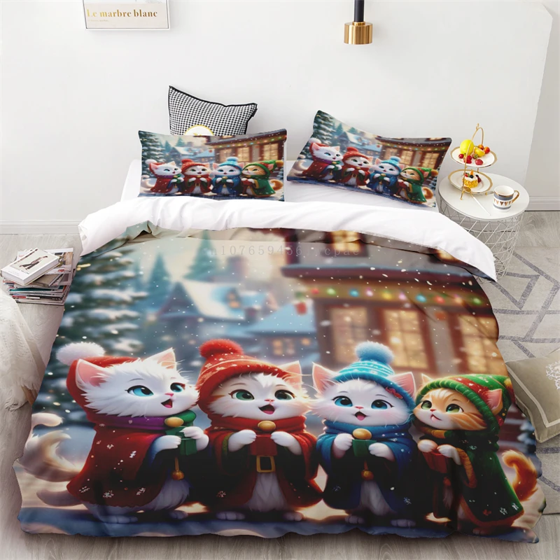 3pc Down Quilt Cover Christmas Cute Cat Microfiber Material Bedroom Living Room Holiday Decoration  Single Double Bed Gift