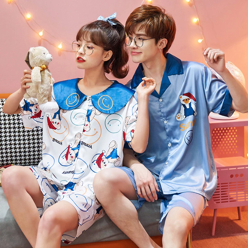 2PCS Couple Women Men Pajama Sets Summer Silk Cloth Sleepwear Sweethearts Pyjama Pour Femme kawaii Bear Printing Pijama Homewear