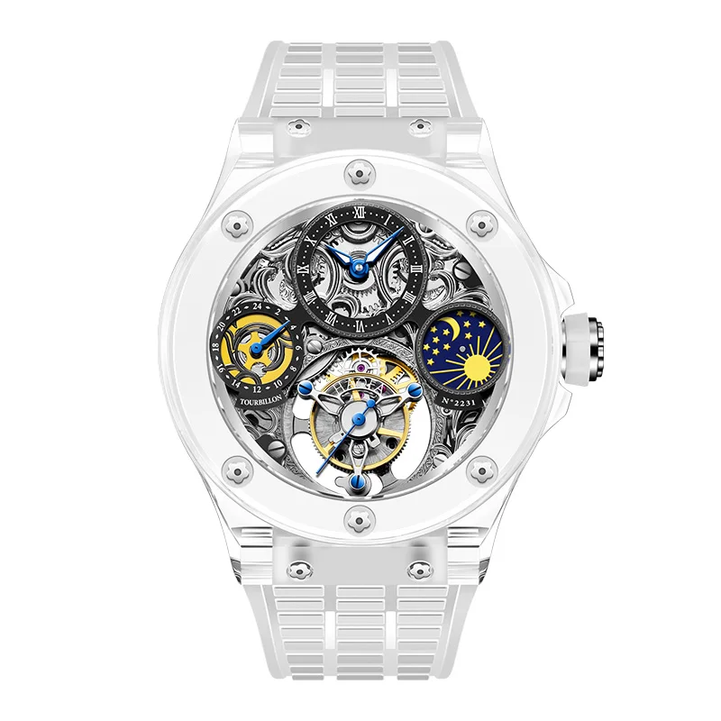 Haofa K9 Crystal Flying Tourbillon Watch GMT Moon Phase Sapphire orologi da polso meccanici manuali impermeabili per uomo Luxury 2231