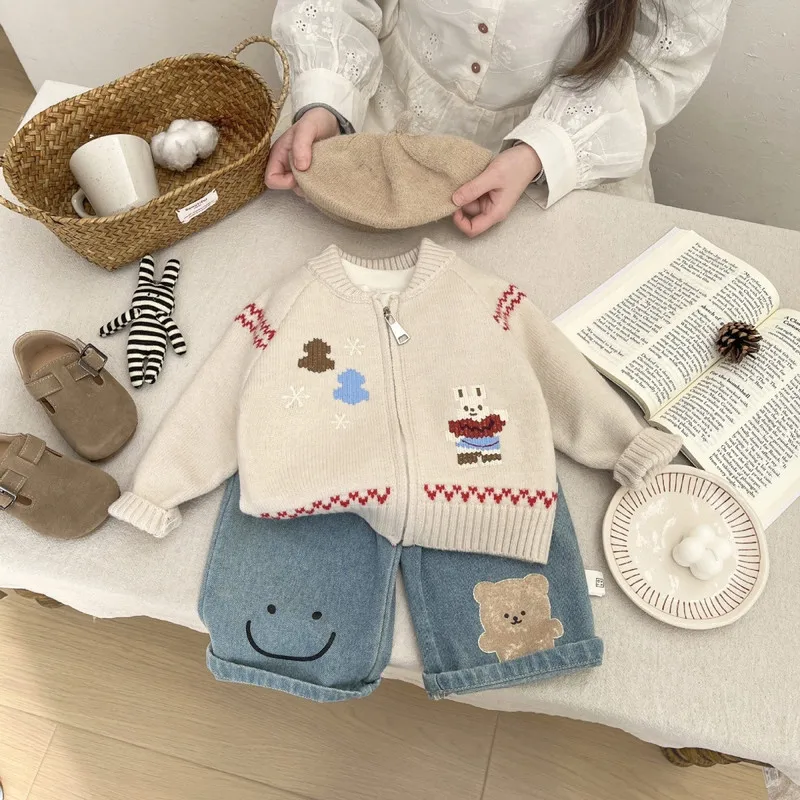 Baby Sweater Early Spring Korean Style Fashion Knitted Cardigan Spring and Autumn Girls' Cartoon Cute Sweater Versatile