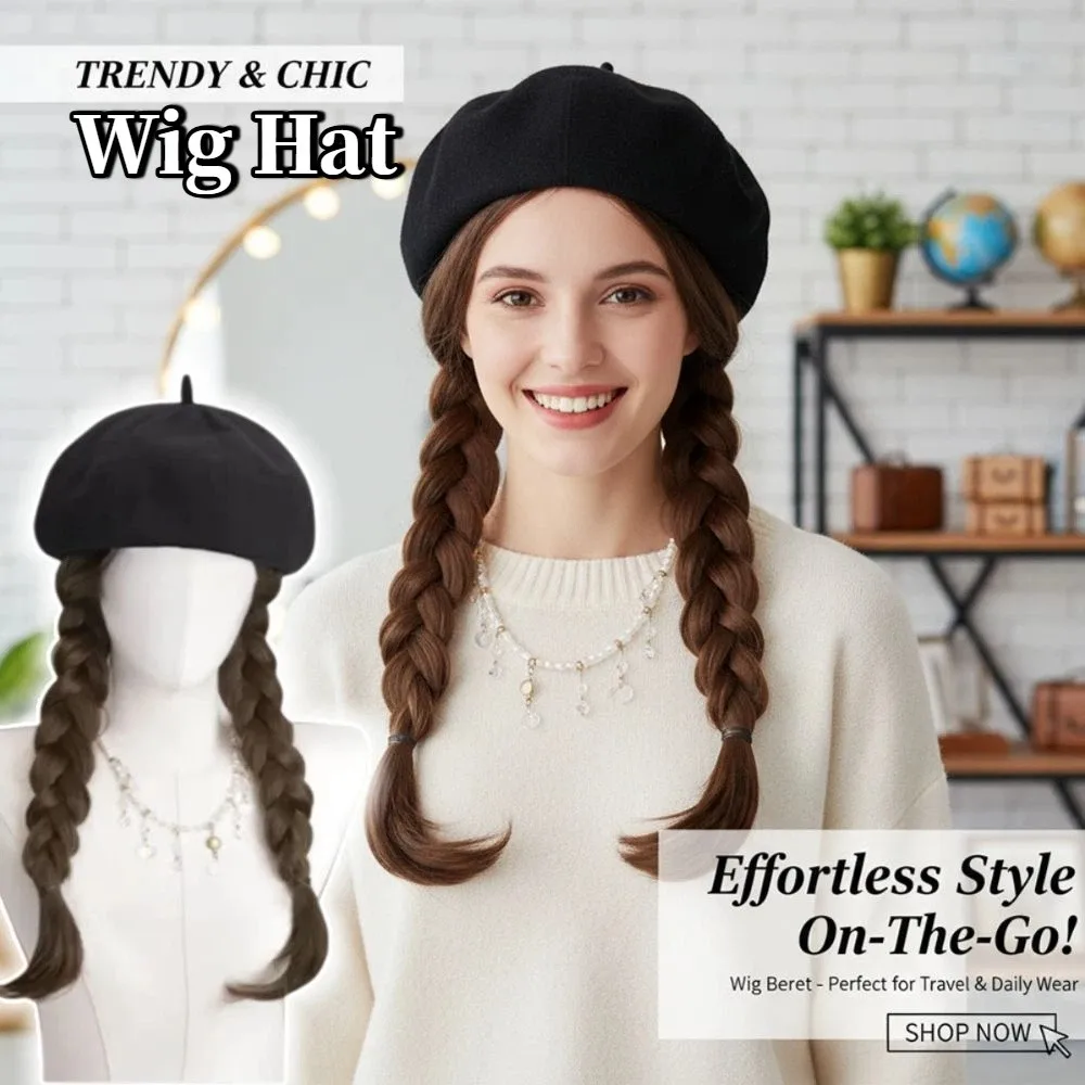 

Fashionable Long Curling Hair Wig Hat Braided Design All-in-one Wig Beret Lifelike Detachable Double Braid Wig Cap Women