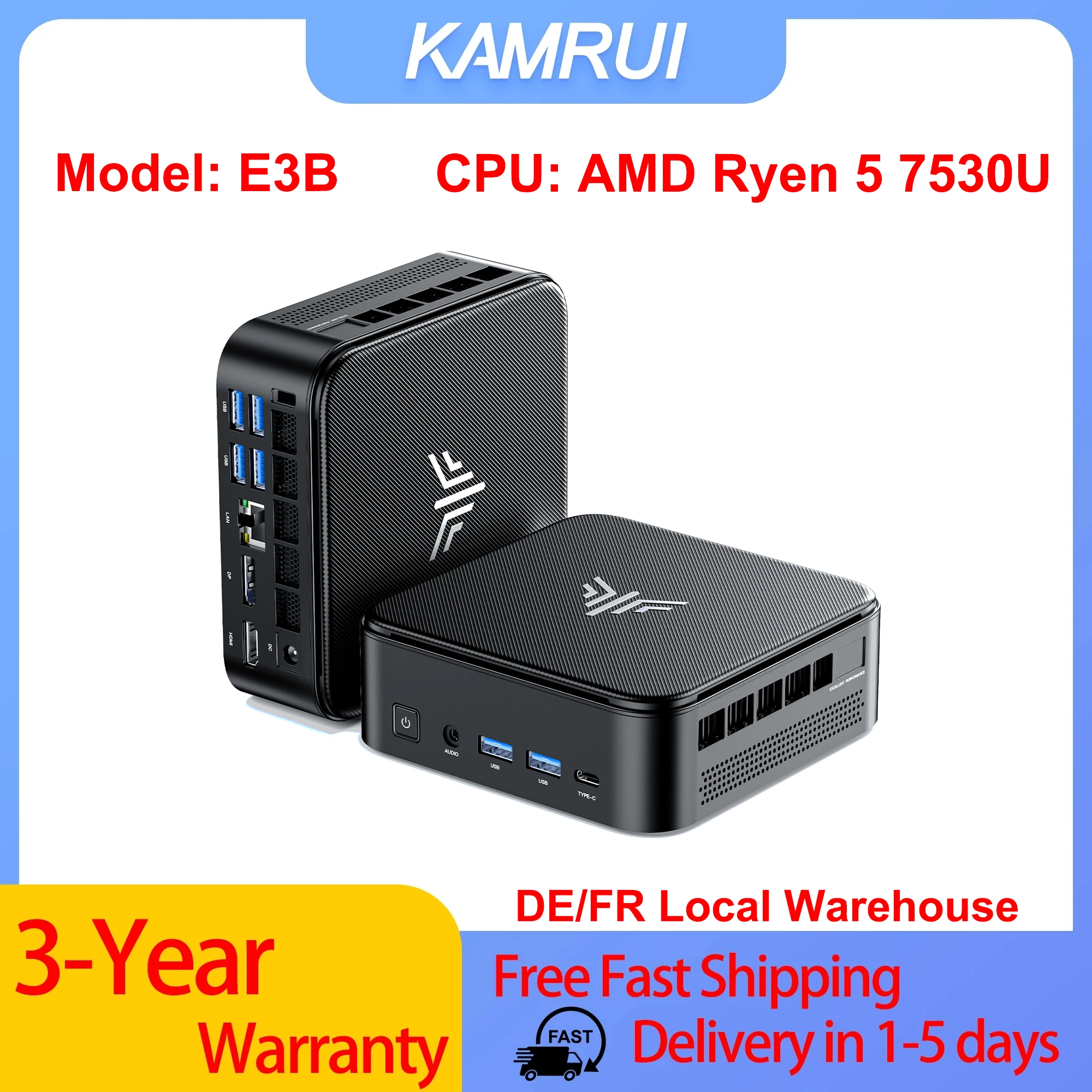 KAMRUI E3B AMD Ryzen 5 7530U Mini-PC Gaming 16GB RAM 512GB ROM LPDDR4X WIFI6 4K Display Bluetooth 5.2 Mini-Desktop-Computer