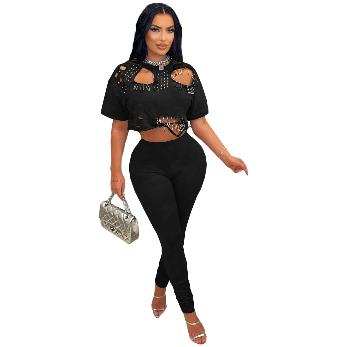Vintage Polka Dot Zweiteiliges Set für Damen, Cutout-Fransen-Crop-Top, High-Waist-Hose, Streetwear-Outfit, Clubwear für den Abend. – Detail 11