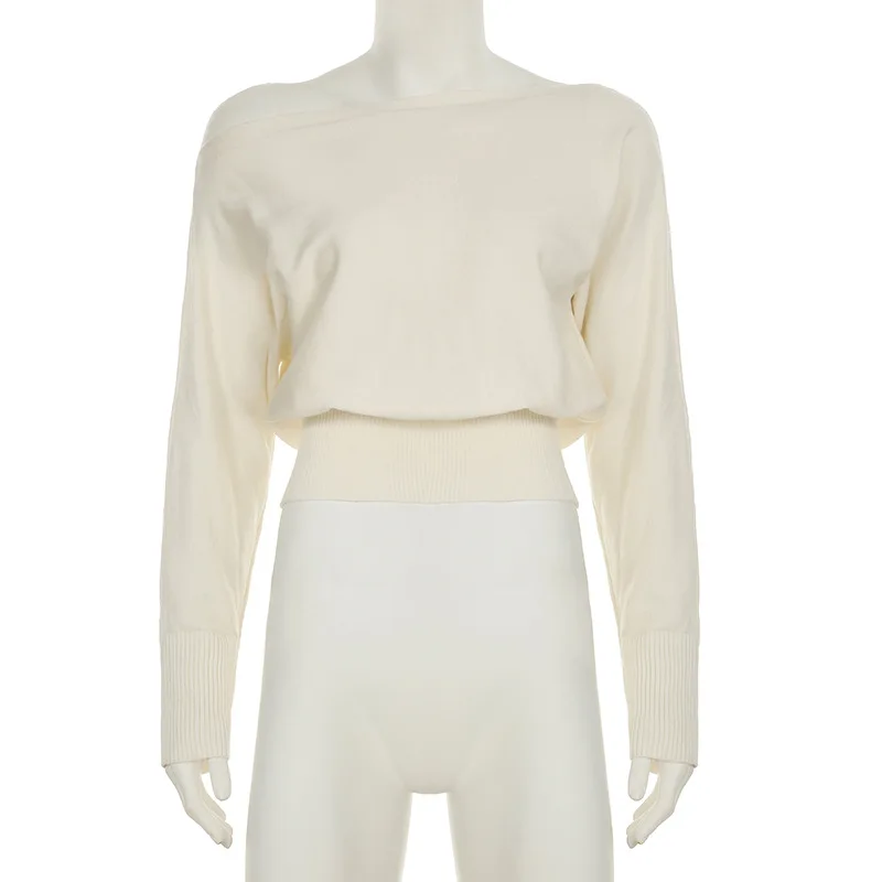

Sweet diagonal neck off-the-shoulder loose solid color long-sleeved women's knitted sweater