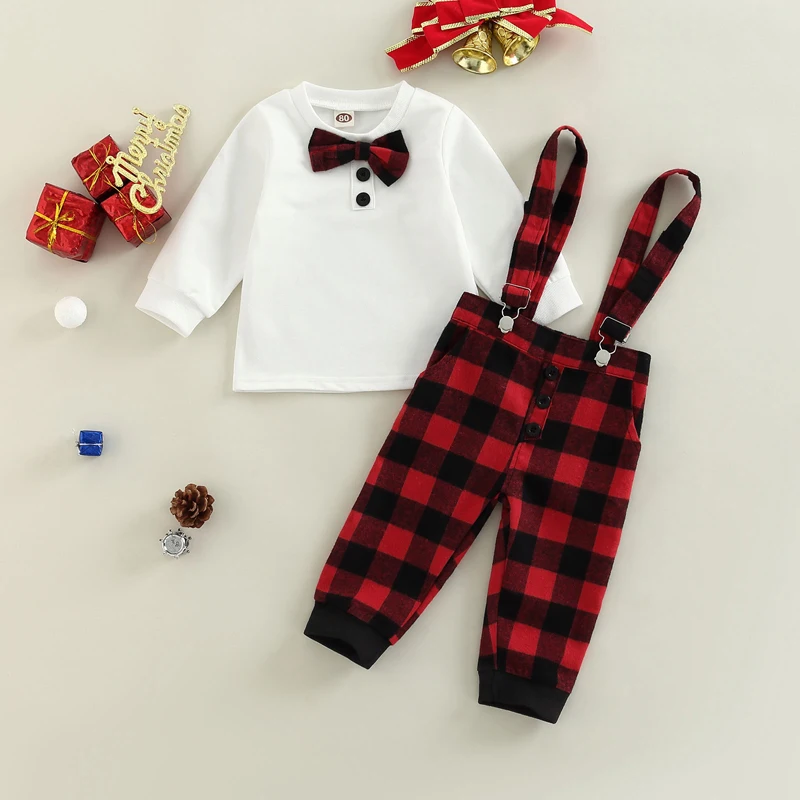 Blotona Baby Boy Pants Suit, Long Sleeve Round Neck Gentleman Bow Shirt + Christmas Plaid Print Suspender Trousers, 3-18Months