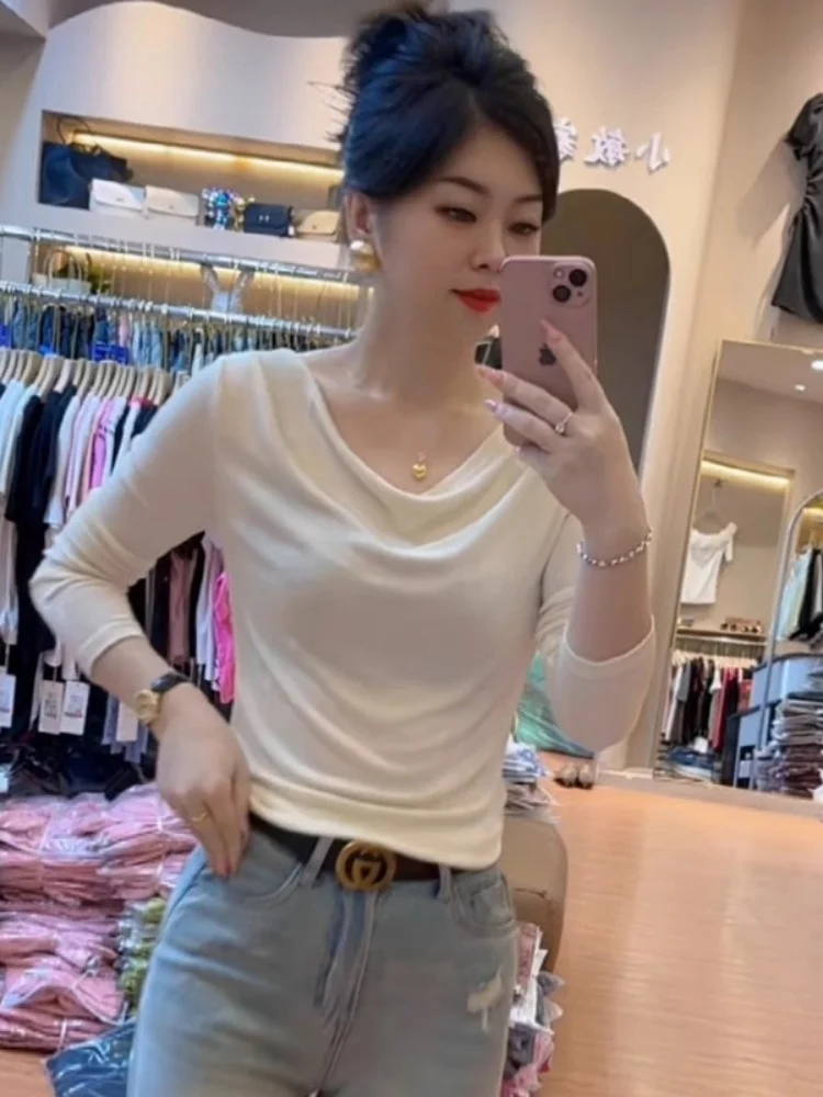 Fashionable Long Sleeve T-Shirt Women's Autumn New Design Sensation Pleated Base Shirt Delicate Top Inner Wear Casual Loose Fit
