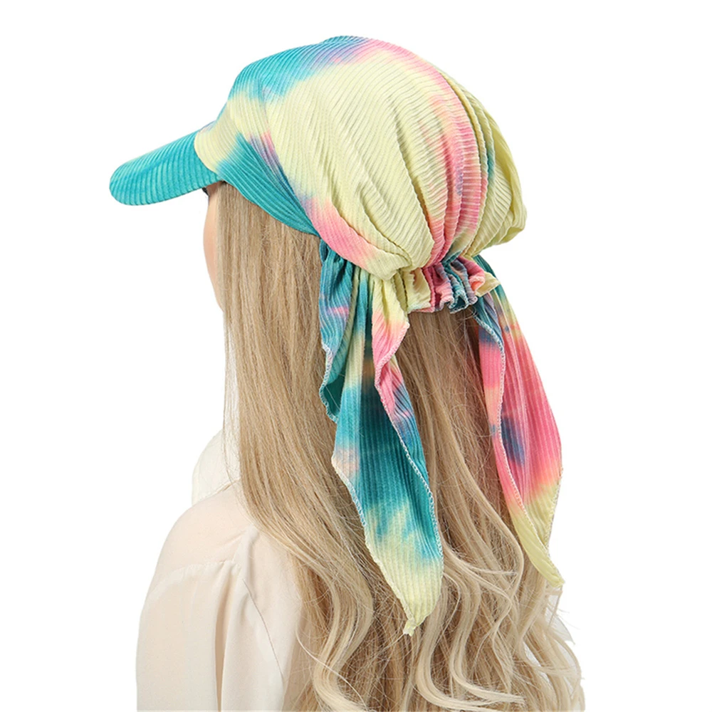 Women Printed Curved Hat Wide Brim Windproof Sun Visor Muslim Hijab Turban Elastic Headscarf Pre-Tied Cap Female Outdoor Bandana