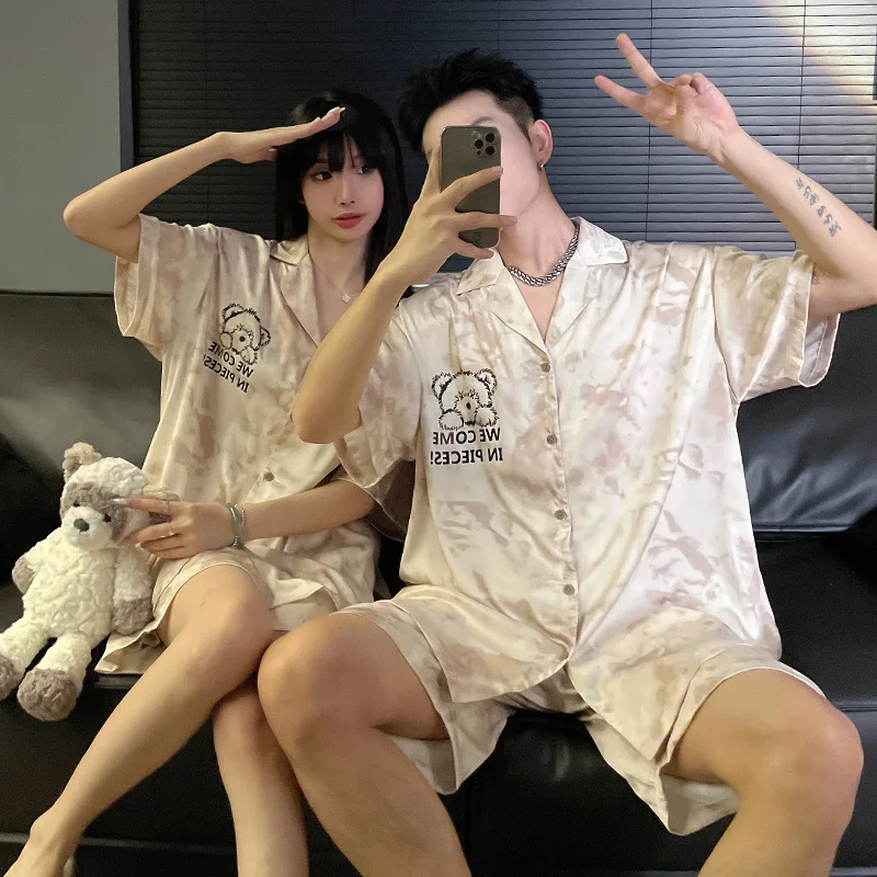 Women Ice Silk Pajamas Set Cartoon Bear Sleepwear Loungewear Button-Down Pajama Men Pijama Homewear Shorts Set for Couples