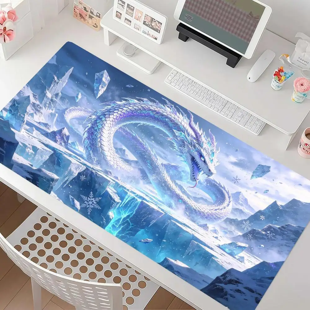 Ice Crystal Blue Dragon Table Mat Large Size Non Slip Rubber Base Smooth Cloth Surface For Fantasy Gaming Desk