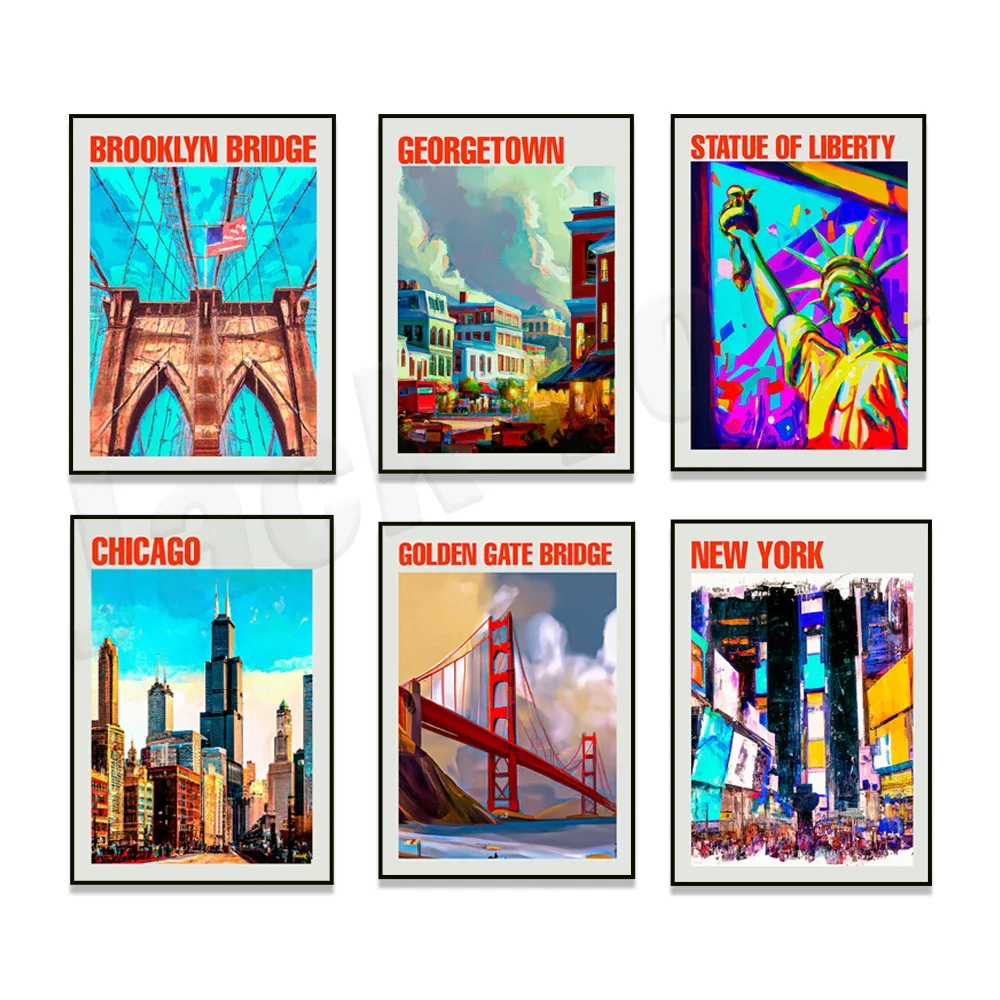 Chicago, New York, Statue of Liberty, Brooklyn Bridge, Washington DC, Seattle, San Francisco, Golden Gate Bridge travel poster