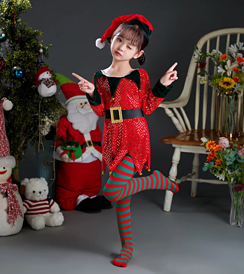 Glitter Christmas Elf Costume for Kids Girls Children Sparkling Sequins New Year Xmas Party Outfit Gift Santa Claus Fancy Dress