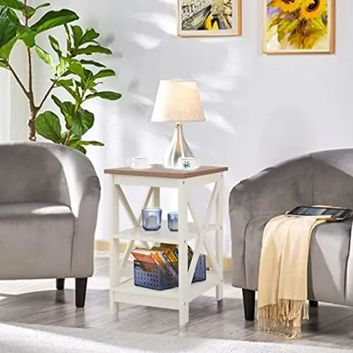 End Table Living Room Set of 2, Farmhouse Bed Side Table Nightstands for Bedroom, Ivory White Small Side Table