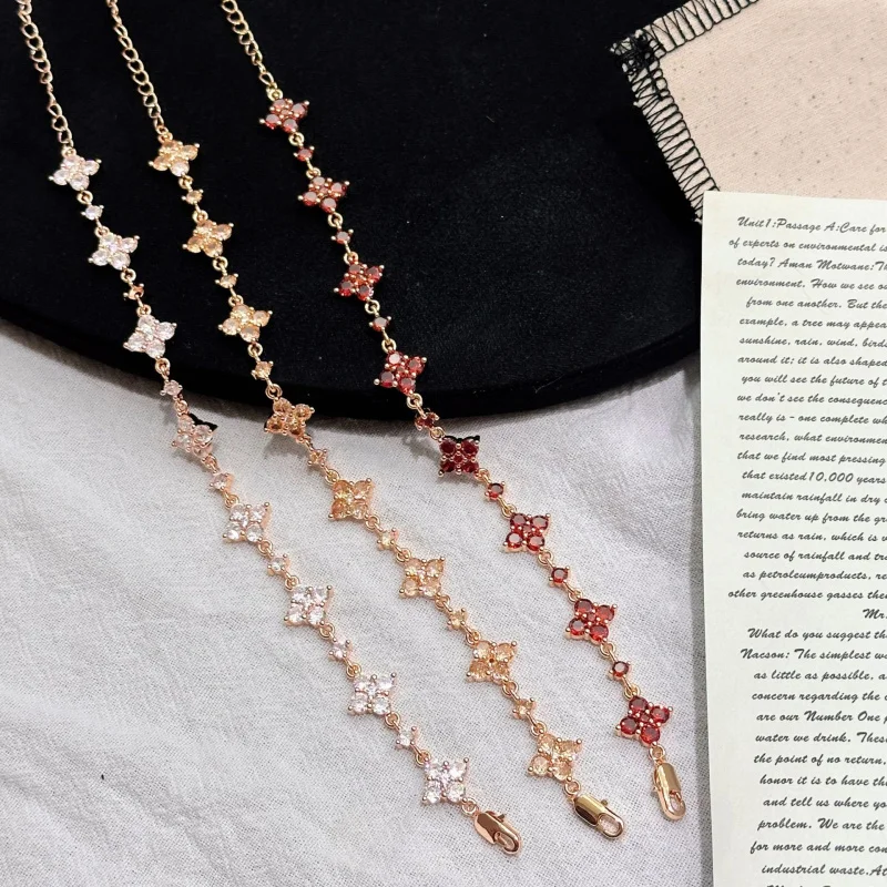 

Fashionable Exquisite Simple Versatile Colorful Four-Leaf Clover Micro-Inlaid Zircon Bracelet Light Luxury High-End Feel Jewelry