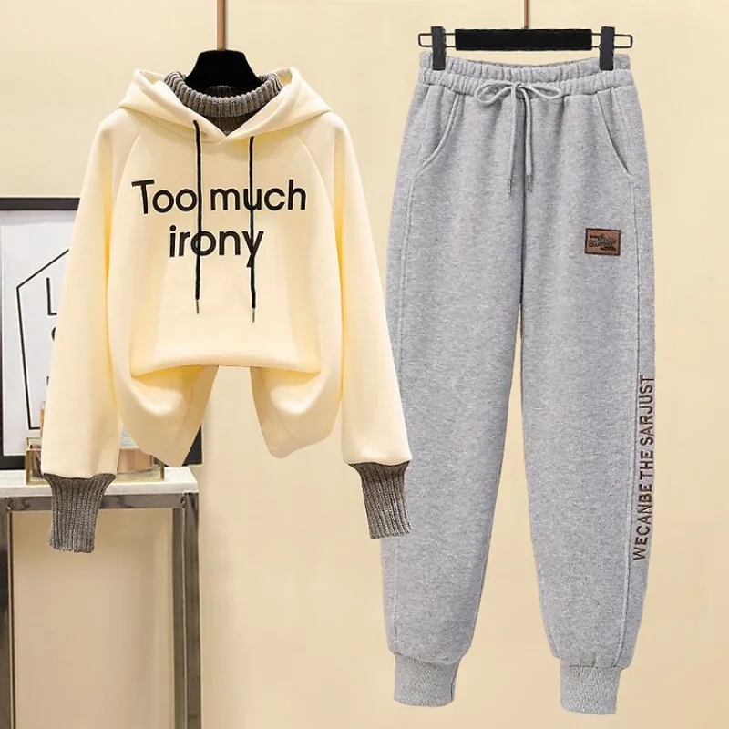 Women's Autumn and Winter Loose Half High Neck Top Casual Pants Two Piece Set with Plush and Thickened Sports Set