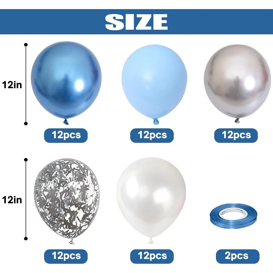 Palloncino metallizzato blu argento 60 pezzi 12 pollici Palloncino bianco blu cromato con palloncini argento Palloncini coriandoli glitterati per ragazzi