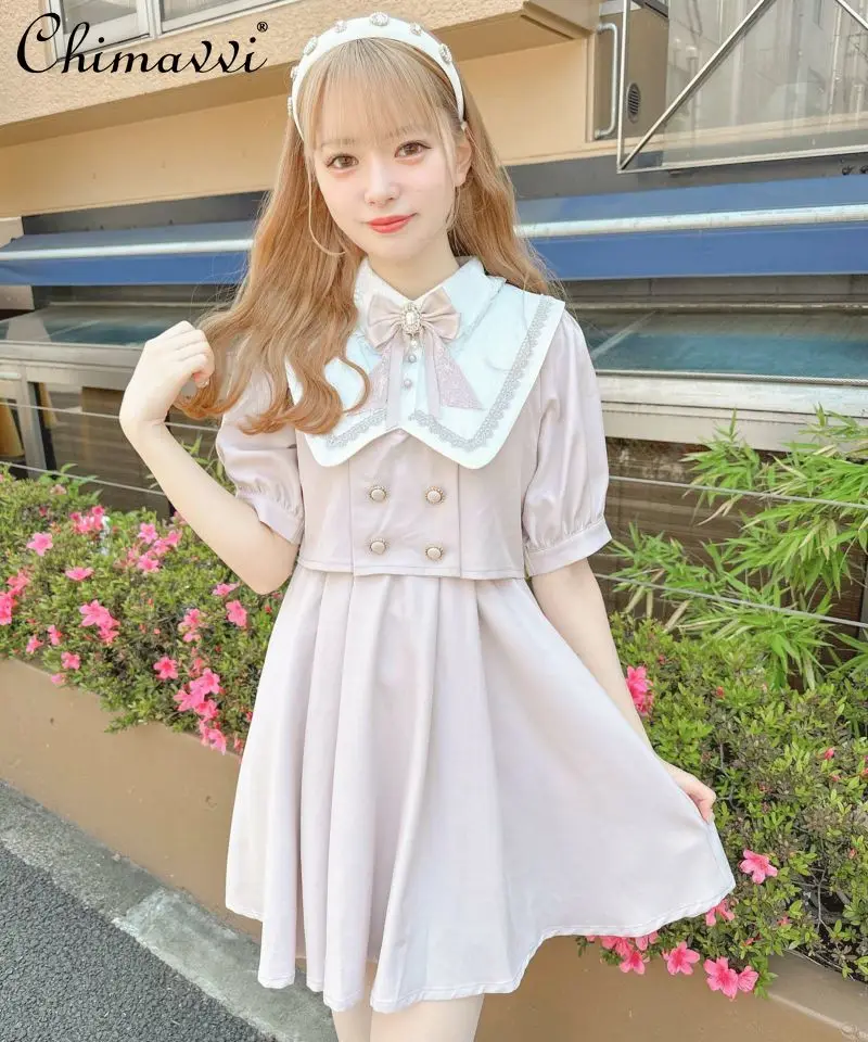 

Lolita Fake Two-Piece Double Collar Bow Brooch Lace Dress Mine Mass-Produced Dress Girly Style Sweet Y2k Short Women Dress