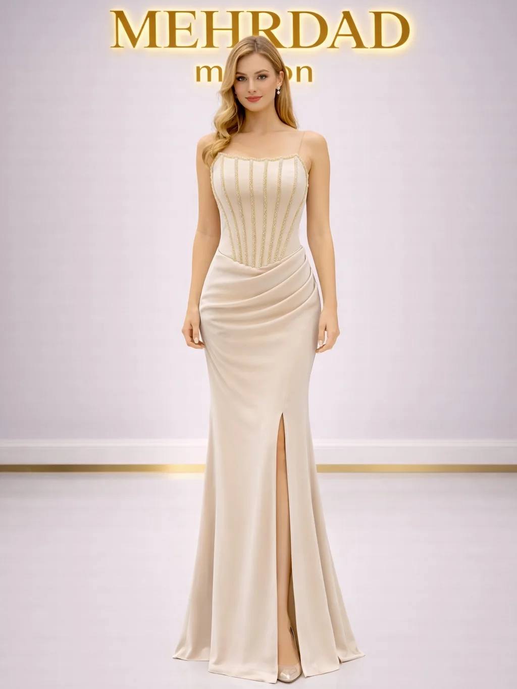 Elegant Luxury Trend Mermaid Spaghetti Straps Ruched Sequins Stitch Fishbone Satin Floor Length Formal Evening Prom Party Dress