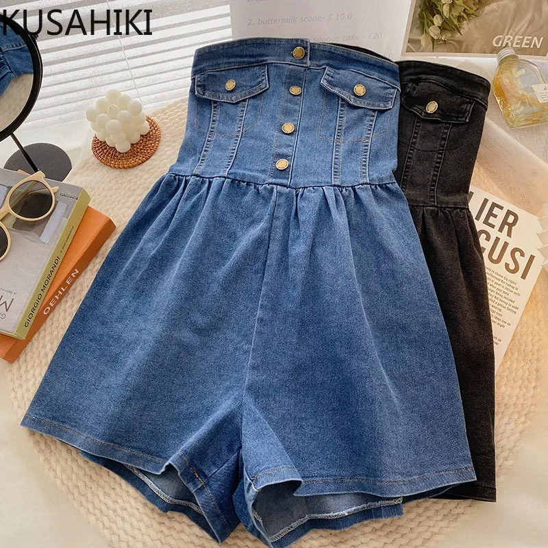 KUSAHIKI Demin Women Rompers Summer 2023 New Korean Paysuits Sexy Off Shoulder High Waist Jeans Wide Leg Shorts Bodysuits