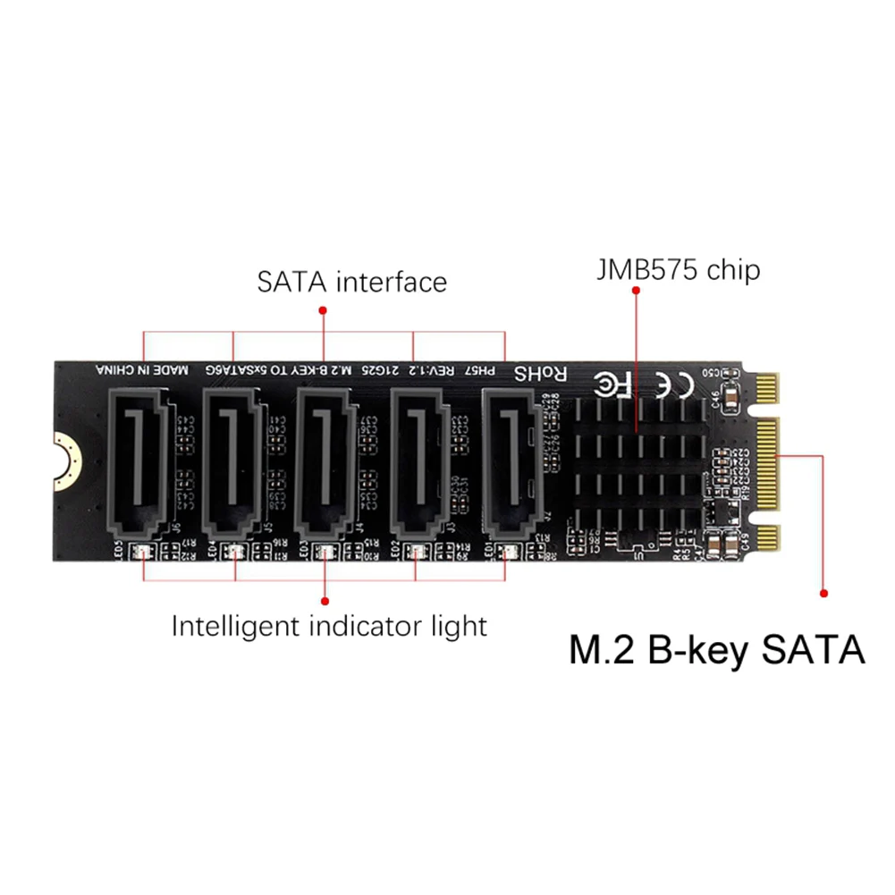 M.2 NGFF B-KEY SATA TO SATA 5พอร์ตการ์ดขยาย6Gbps JMB585ชิปเซ็ตรองรับ SSD และ HDD