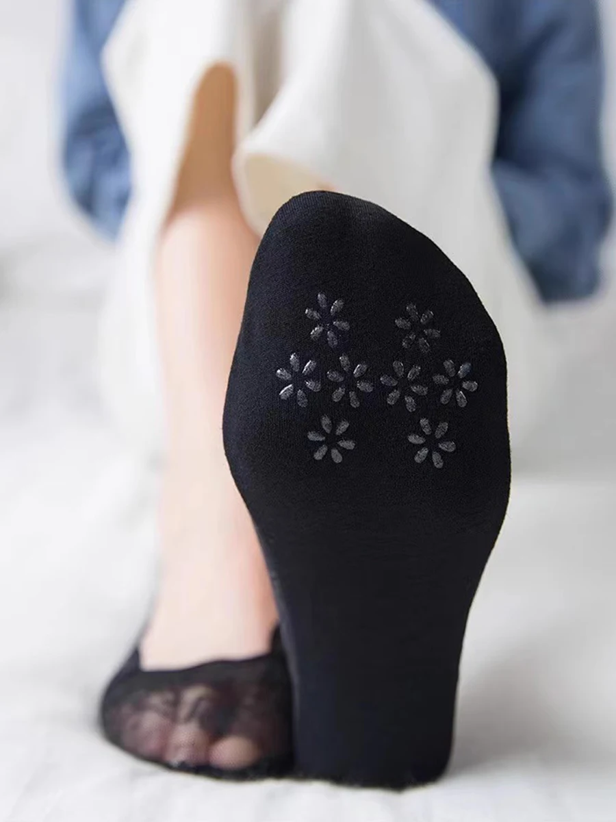 5 Pairs Socks Women\'s Summer Slippers Socks Invisible Boat Mesh Lace Thin Short Fashion Silicone  Non-slip Cool Sexy Breathable