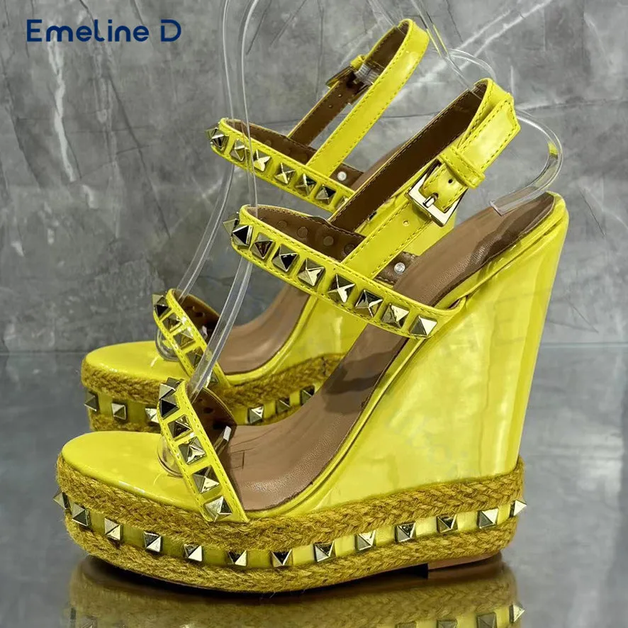 Yellow Studded One-Strap Espadrille Sandals with Round Toe Wedge Heels and High Heels Trendy Casual and Elegant Women's Shoes