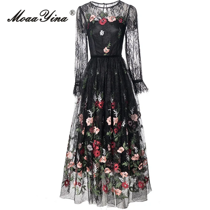 

MoaaYina Autumn Fashion Runway Vintage Mesh Dress Women Lantern Sleeve Embroidery Holiday Party High Waist Slim Lace Long Dress