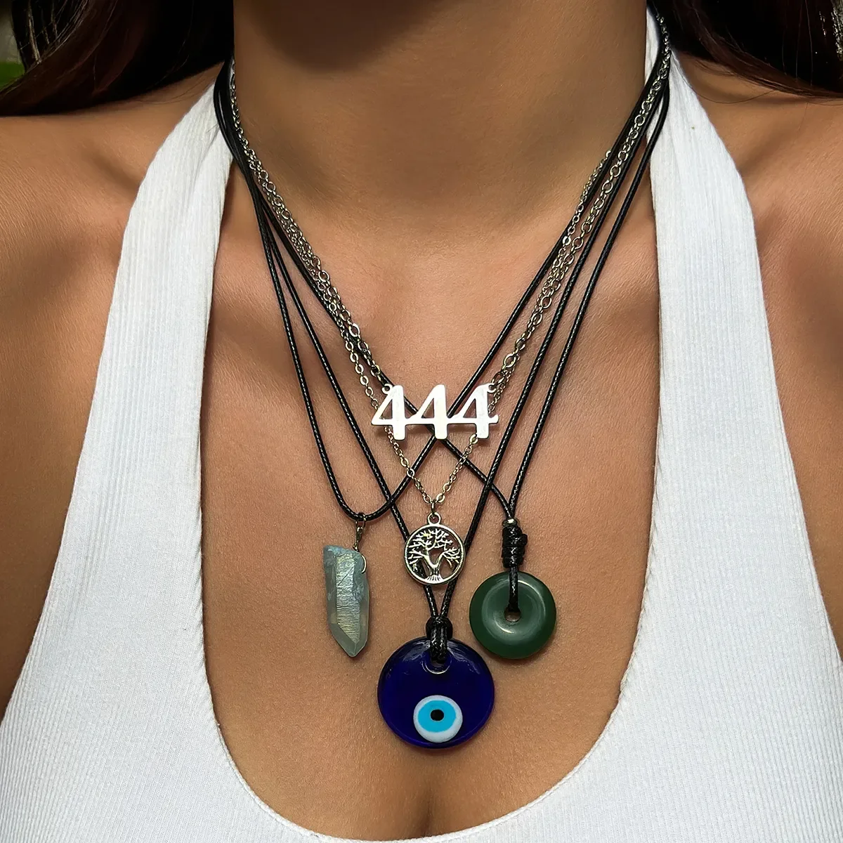 5Pcs Boho Ethnic Peace Buckle Blue Turkish Lucky Eye Pendant Choker Necklace for Women Gothic Tree of Life Leather Chain Jewelry