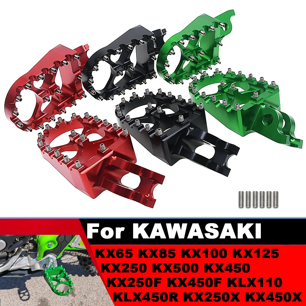 

For KX250 KX450 KX250F KX450F KLX450R KX250X KX450X 2006 2007 2008 2009 2010-2023 Motorcycle CNC Foot Pegs Rests Pedals Footpegs