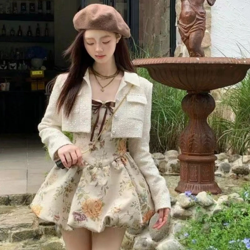 Korean Style Elegant Vintage 2 Piece Set Women Sweet Tweed Short Jackets Coat Flower Print Mini Dress Suit Female Fashion Outfit