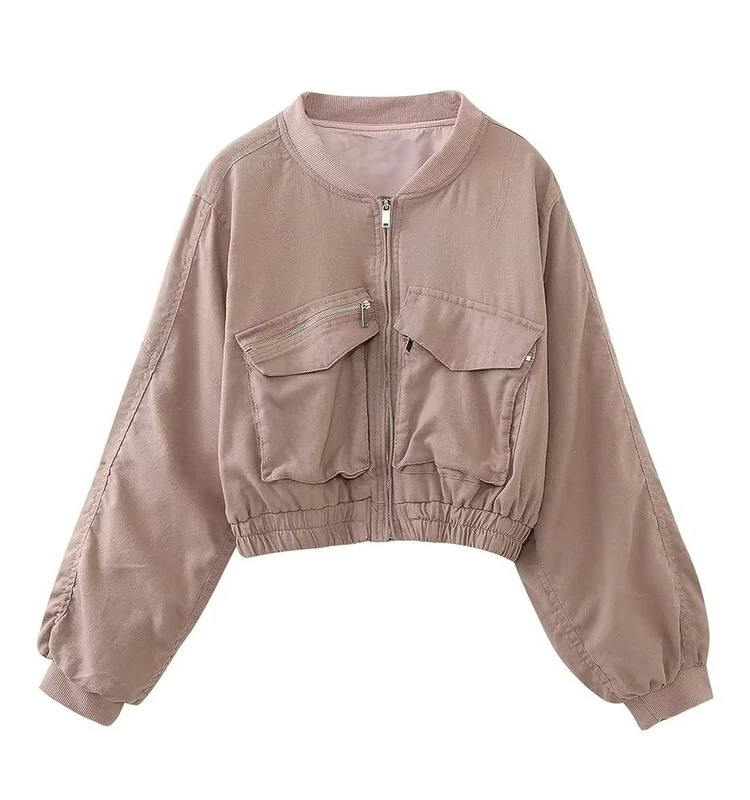 

New Autumn Women's Pilot Jaet Linen Outerwear with kets Versatile Faion ort Zipper Closure Long Sve Loose Fit