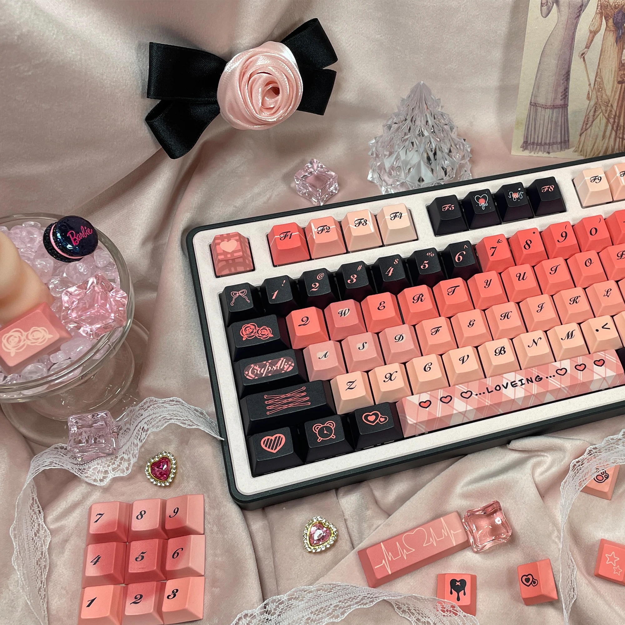 

Theme Black Pink Black Red Cute Keycap Five-sided Sublimation Original Keycap Customization