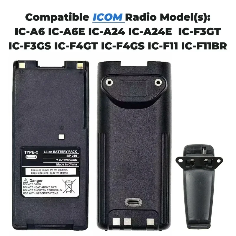 7.4V 2200mAh BP-210 Walkie Talkie Li-ion Battery Support Type-C Charging for ICOM IC-F11 IC-F21 IC-V8 IC-A6 IC-A24 Two Way Radio