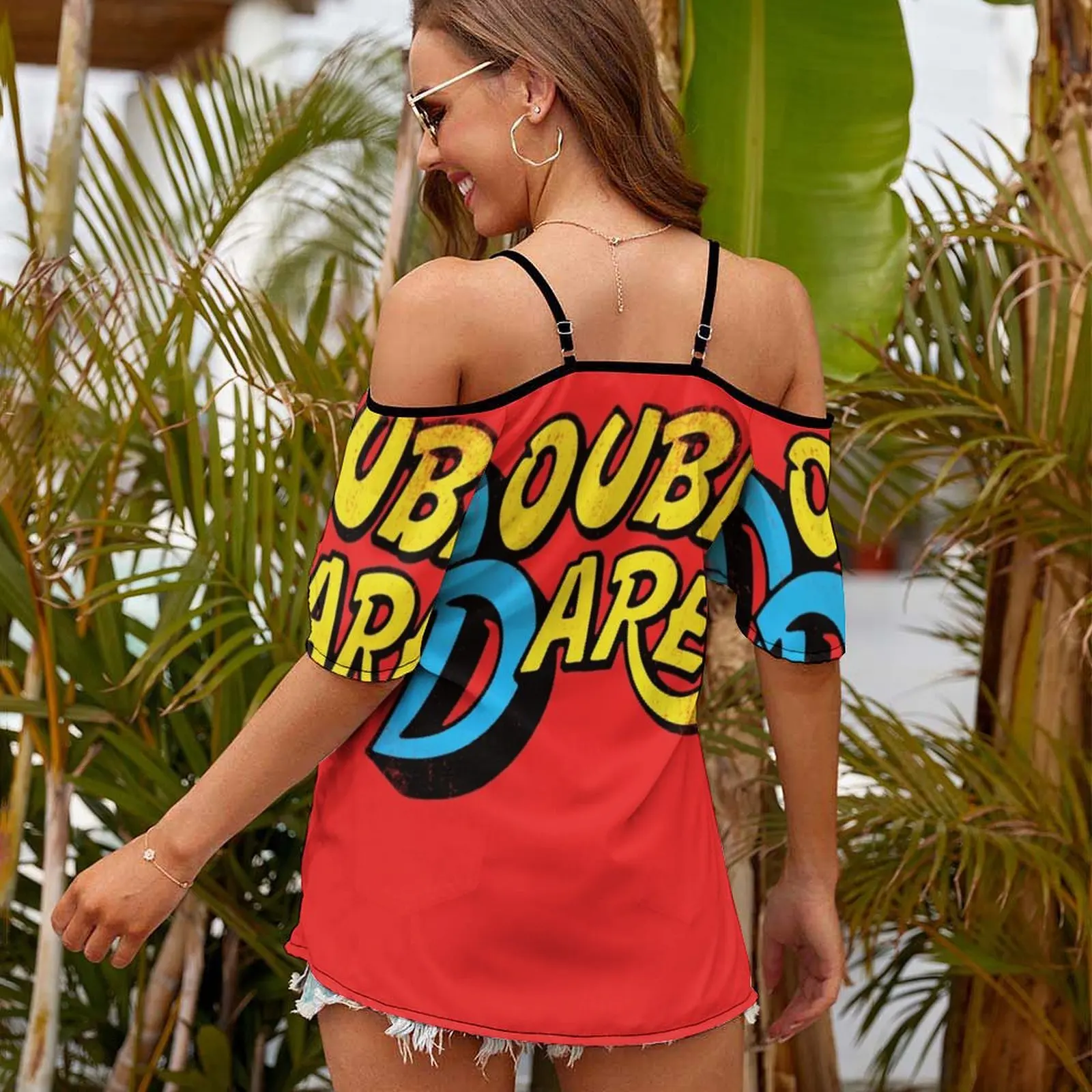 Double Dare ( Vintage ) Slit Sleeve Cold Shoulder Print Women T Shirt Casual Summer Tee Tshirt Loose Top Rockos Modern Life 90S