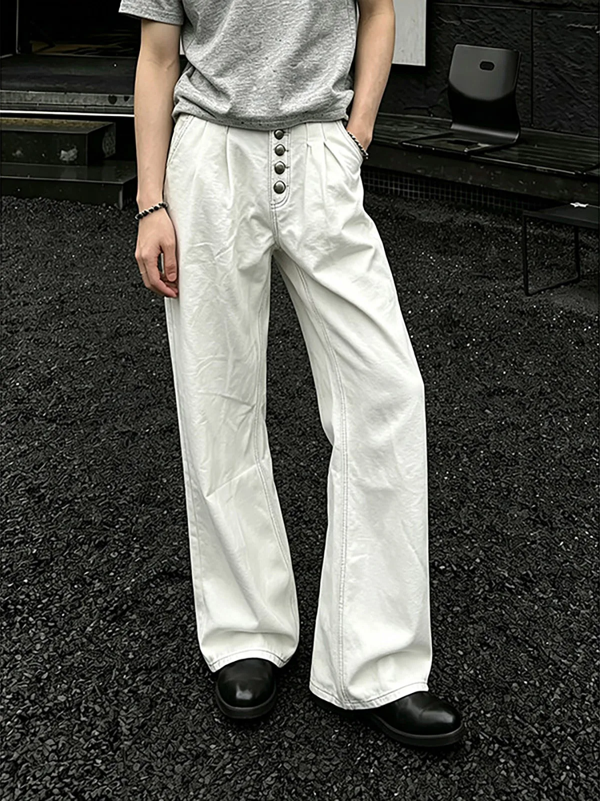 White Men's Slim Fit Jeans Double Pleat Button Design Thin American Fold Design High Sensation Knife  Pants Straight Leg ...