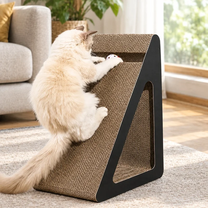 Triangle Cardboard Scratcher for Cats with Spinning Balls, Sturdy Stress-Relief Plaything for Pets