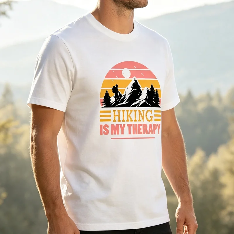Hiking Is My Therapy T‑Shirt Vintage Mountain Graphic Tee Men Women Funny Outdoor Hiking Camping Nature‑lover Casual Wear