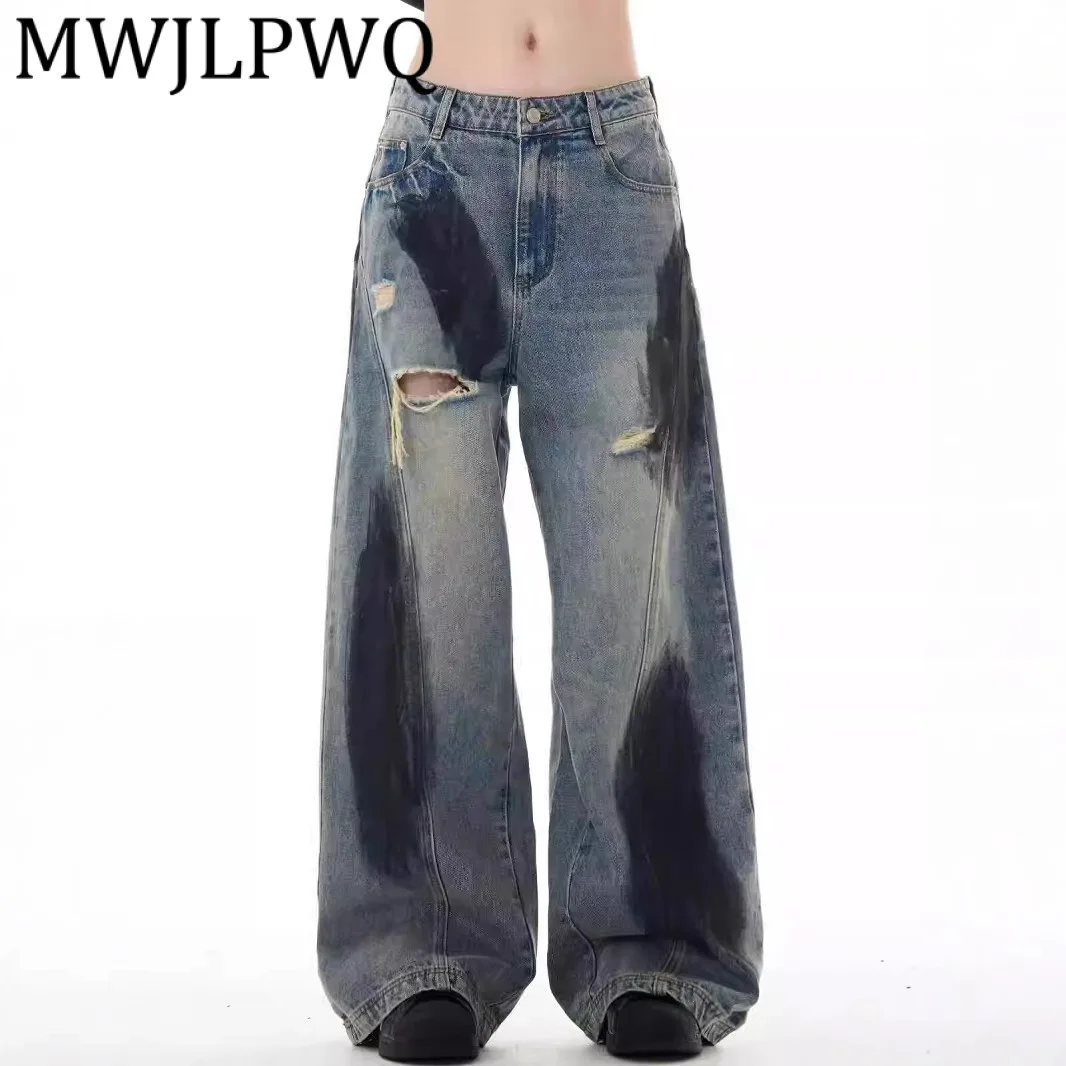 

MWJLPWQ Американские джинсы с кисточками в стиле пэчворк для мужчин, уличная одежда с низом, свободные осенние широкие брюки, тренд 11955
