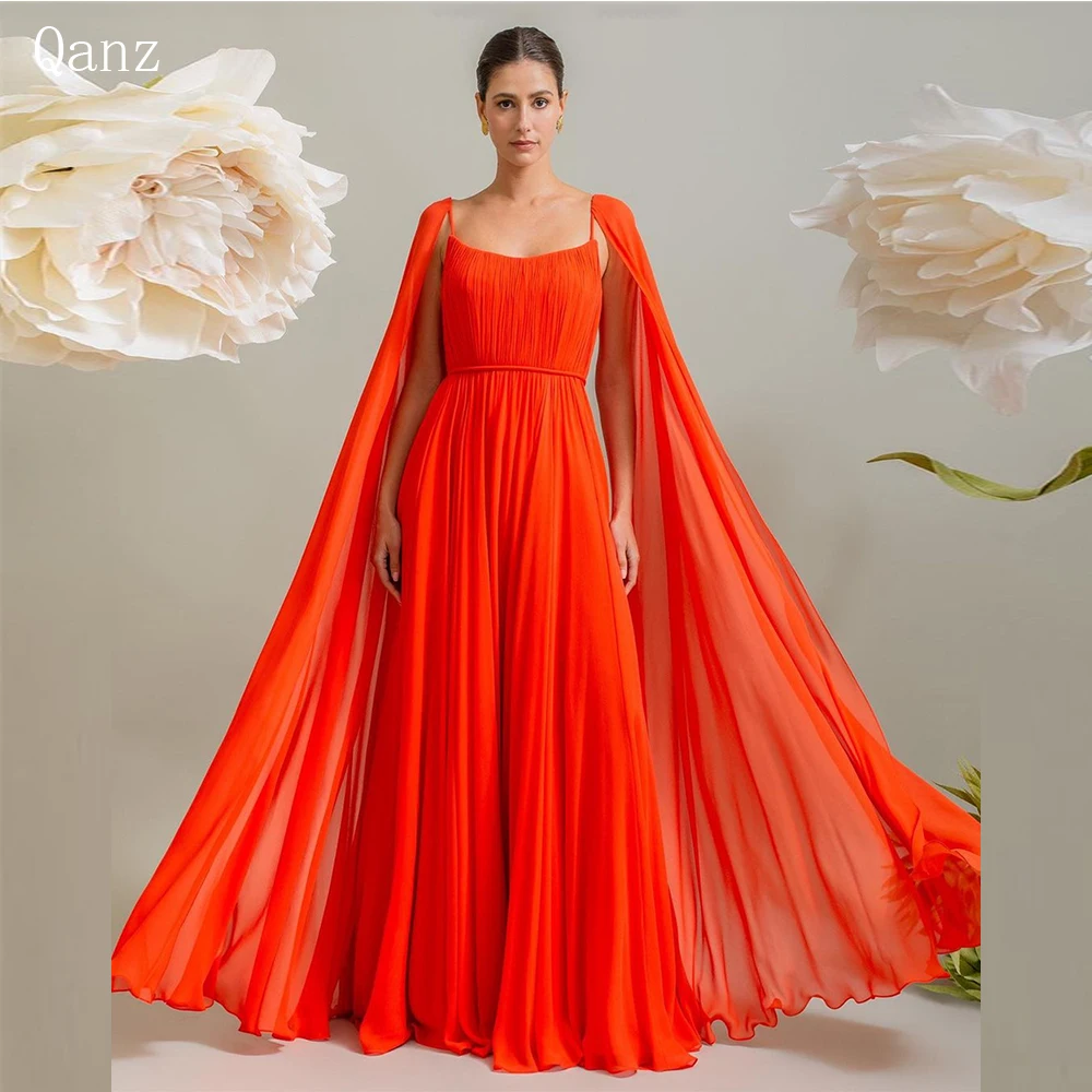 

Qanz A-line Chiffon Evening Dresses Long Orange Spaghetti Straps Vestidos De Noche With Cape Sleeves Buttons Back Party Dresses