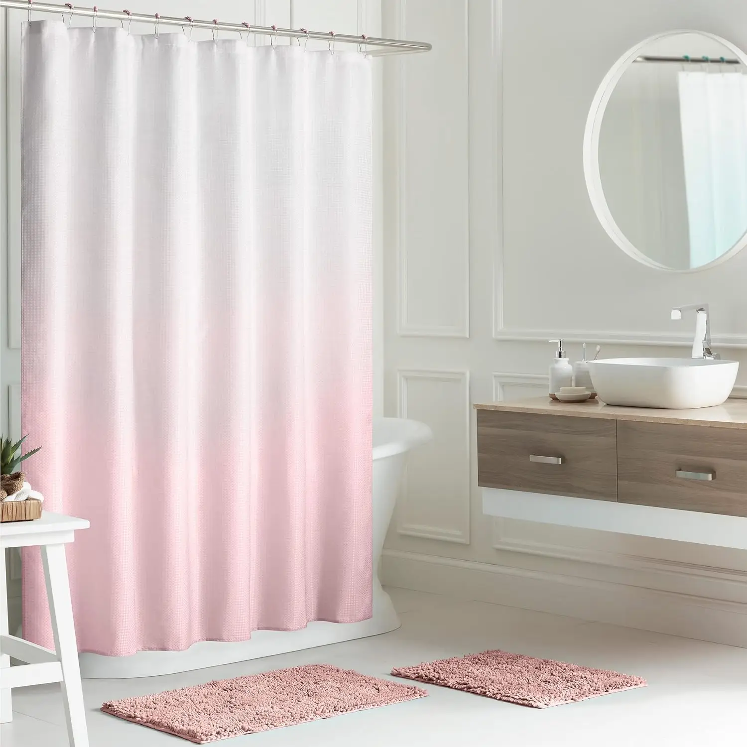 

Розовые наборы для ванной комнаты с занавеской для душа и ковриками | , Набор вкладышей, 2 коврика для ванной из синели и 12 крючков | 70 x 72 дюйма | Белый/Блюш П