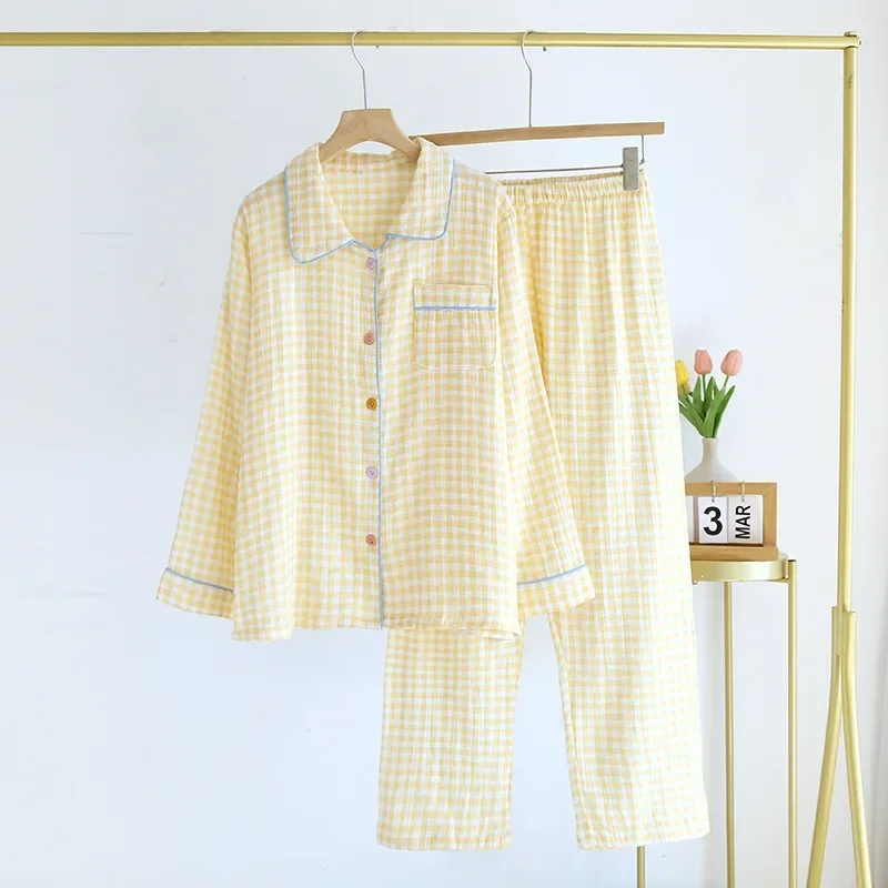 2026 Spring/Summer New Women\'s Sleepwear Long Set 100% Cotton Plaid Long Sleeve Long Pants Two Piece Set Collar Home Clothes