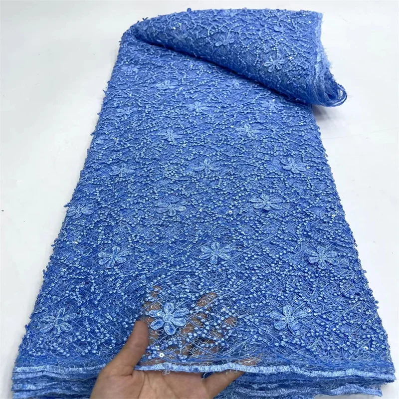 

New High Quality Cord African Lace Fabric 2024 Blue French Net Sequins Fabric Sewing Embroider Tulle Nigeria Party Dress 5Yards