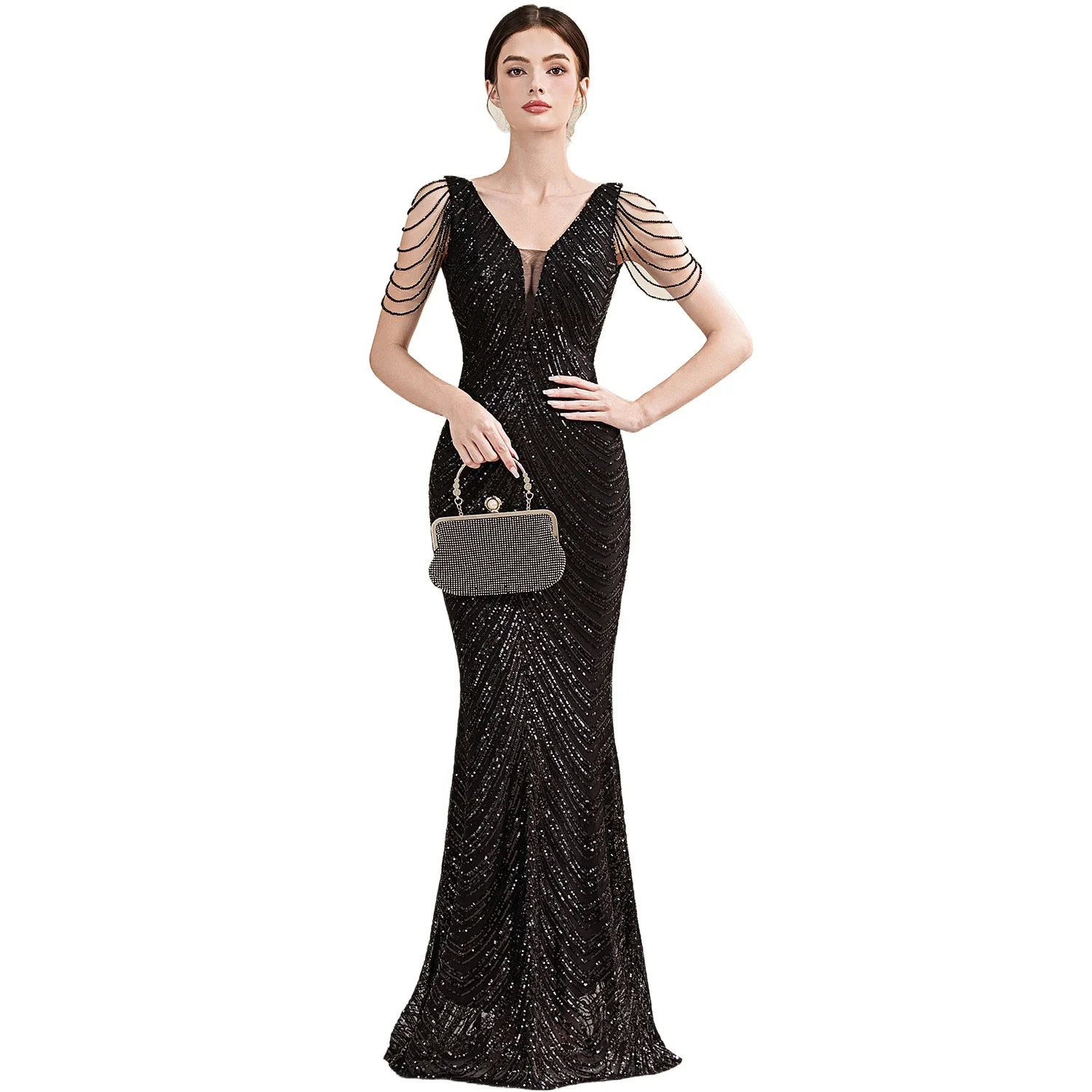 Sexy Double V-neck Sleeveless Sequined Mermaid Long Formal Evening Dress